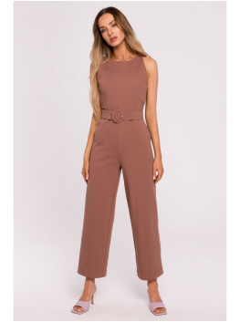 M679 Sleeveless jumpsuit with a buckle belt - chocolate