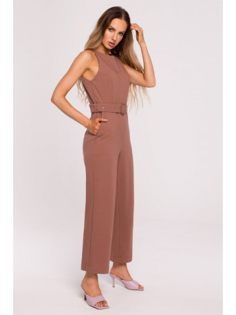 M679 Sleeveless jumpsuit with a buckle belt - chocolate