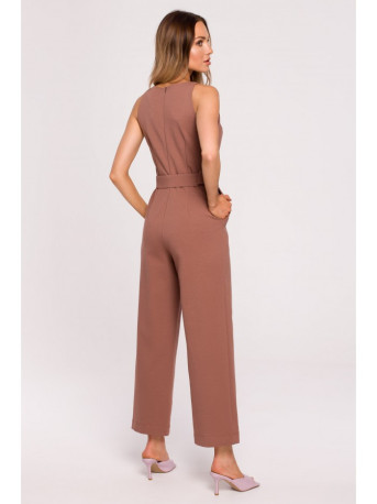 M679 Sleeveless jumpsuit with a buckle belt - chocolate