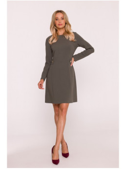 S419 Suknelė su dekoratyvinėmis sagomis ties liemeniu - chaki