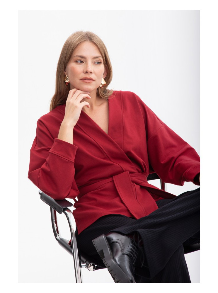 B297 Megztas švarkas be apykaklės - kaštoninė