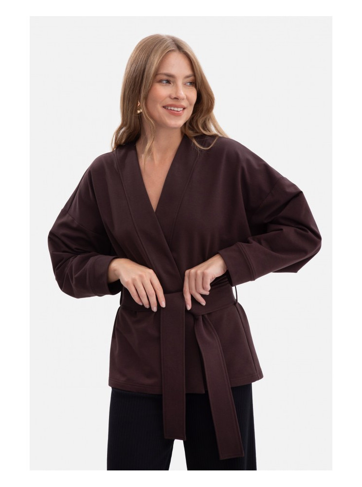 B297 Megztas švarkas be apykaklės - dark chocolate