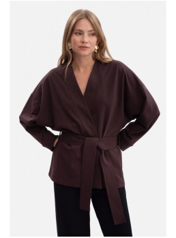 B297 Megztas švarkas be apykaklės - dark chocolate