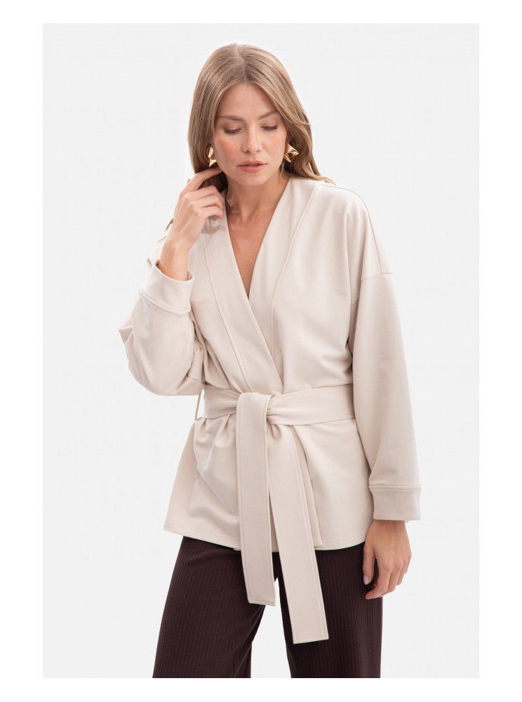 B297 Smėlio spalvos megztas švarkas be apykaklės - smėlio