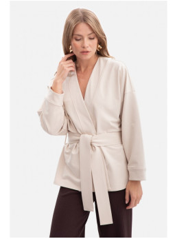 B297 Smėlio spalvos megztas švarkas be apykaklės - smėlio