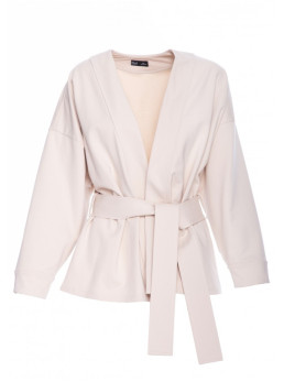 B297 Smėlio spalvos megztas švarkas be apykaklės - smėlio