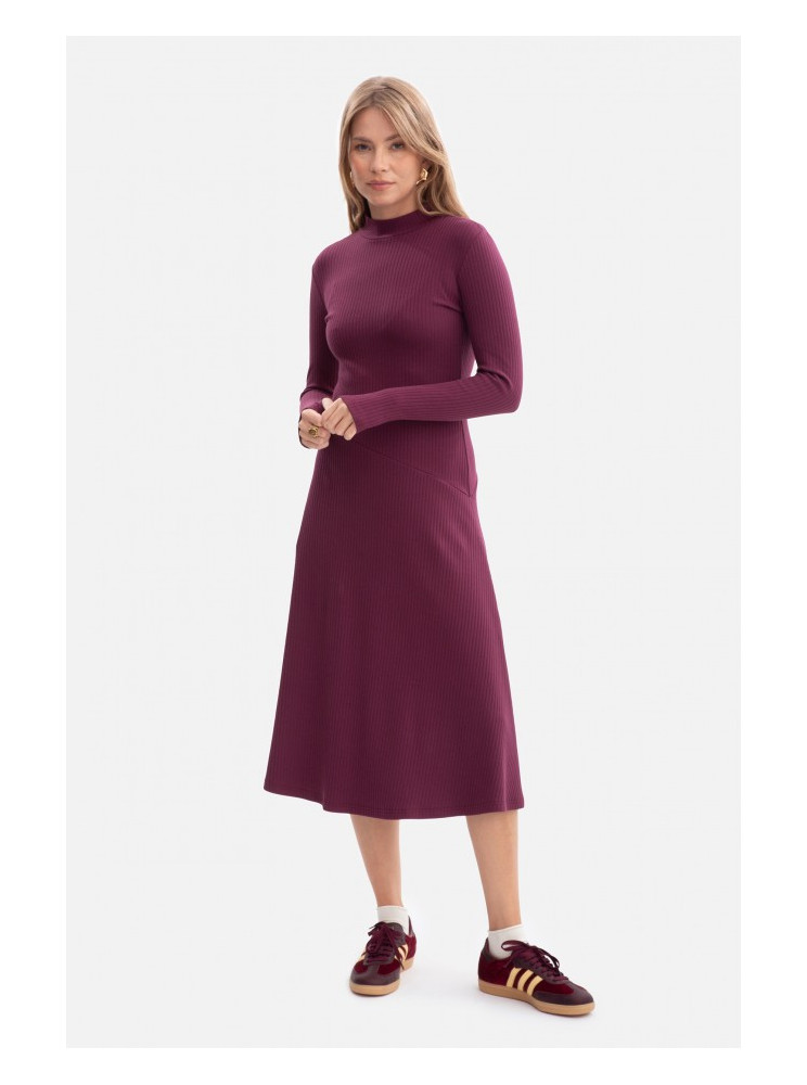 B299 Dryžuota midi suknelė asimetrišku liemeniu - slyvų