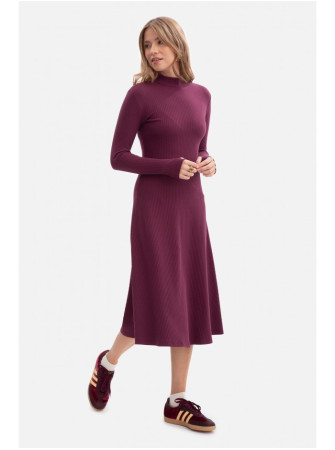 B299 Dryžuota midi suknelė asimetrišku liemeniu - slyvų