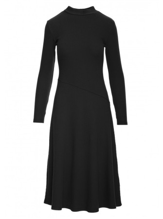 B299 Rievėta midi suknelė asimetrišku liemeniu - juoda