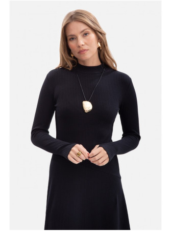 B299 Rievėta midi suknelė asimetrišku liemeniu - juoda