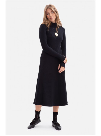 B299 Rievėta midi suknelė asimetrišku liemeniu - juoda