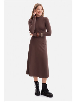 B299 Dryžuota midi suknelė asimetrišku liemeniu - ruda