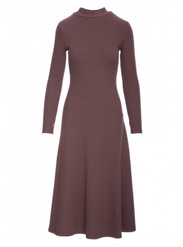 B299 Dryžuota midi suknelė asimetrišku liemeniu - ruda