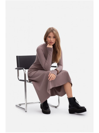 B299 Dryžuota midi suknelė asimetrišku liemeniu - cocoa