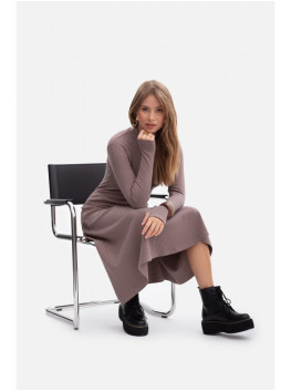 B299 Dryžuota midi suknelė asimetrišku liemeniu - cocoa