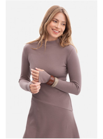 B299 Dryžuota midi suknelė asimetrišku liemeniu - cocoa