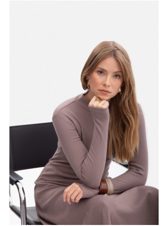 B299 Dryžuota midi suknelė asimetrišku liemeniu - cocoa