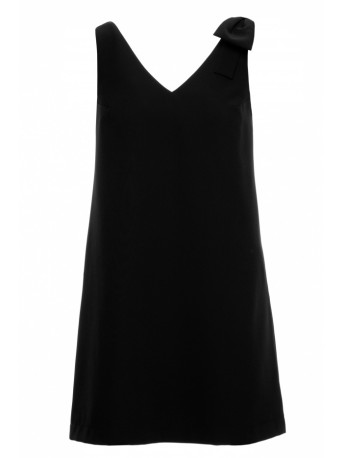 K128 Plain A-line dress with a bow - black