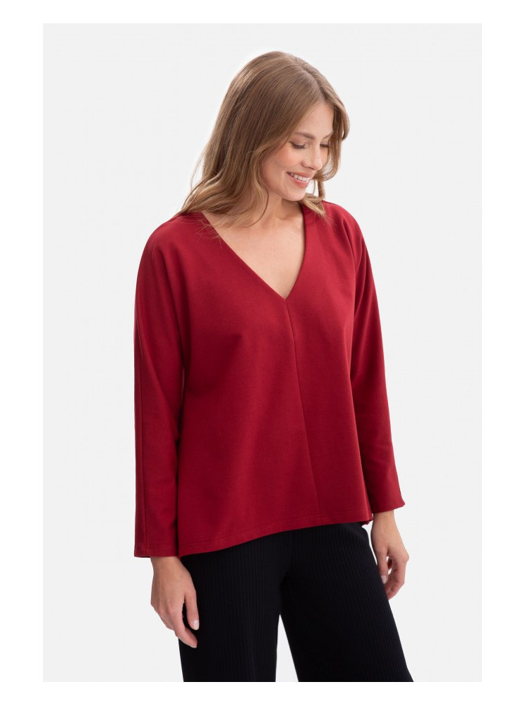 B304 Megztas palaidinės tipo megztinis V formos iškirpte - kaštoninė