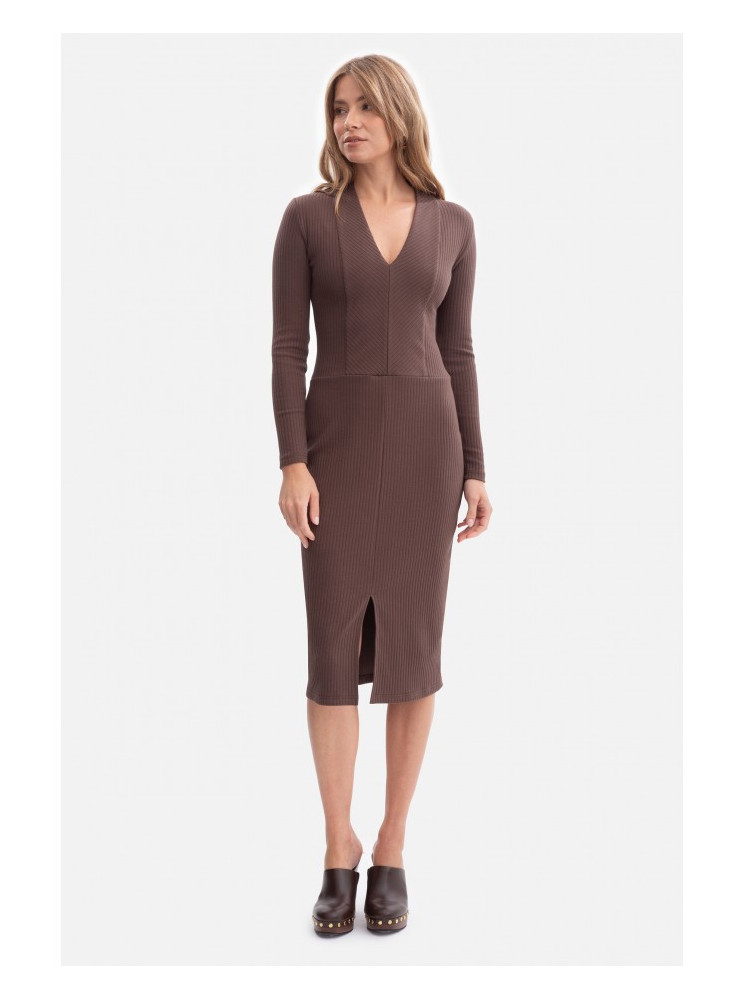 B307 Rievėto trikotažo pieštuko silueto suknelė - ruda