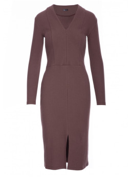 B307 Rievėto trikotažo pieštuko silueto suknelė - ruda