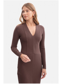 B307 Rievėto trikotažo pieštuko silueto suknelė - ruda
