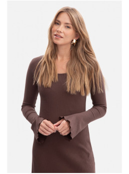 B308 Rievėto trikotažo midi suknelė - ruda