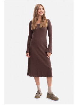 B308 Rievėto trikotažo midi suknelė - ruda