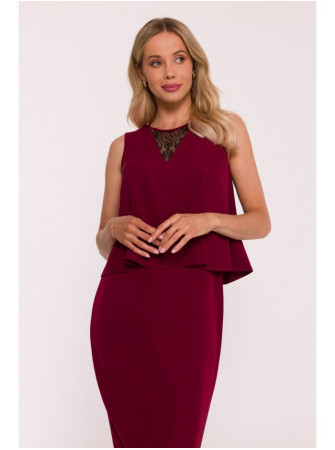 S422 Bordo spalvos suknelė su nėrinių detalėmis - kaštoninė