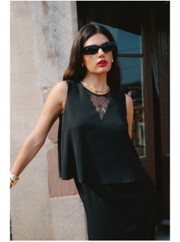 S422 Suknelė su nėrinių intarpu - juoda