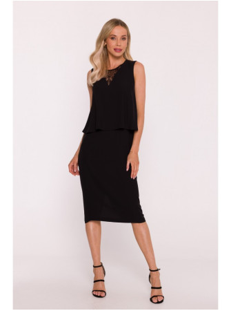 S422 Suknelė su nėrinių detale - juoda