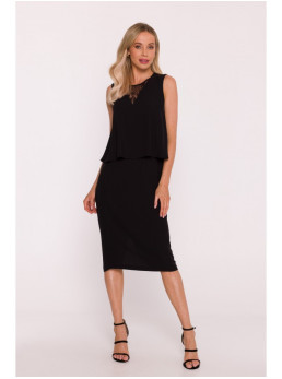 S422 Suknelė su nėrinių detale - juoda
