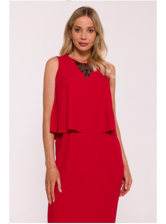 S422 Raudona suknelė su nėrinių detale - raudona