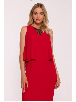 S422 Raudona suknelė su nėrinių detale - raudona