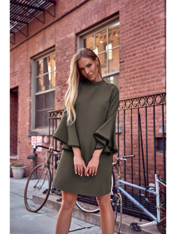 M698 A line dress with angel sleeves - khaki