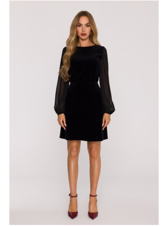 M886 Velvetinė suknelė su šifono rankovėmis - juoda