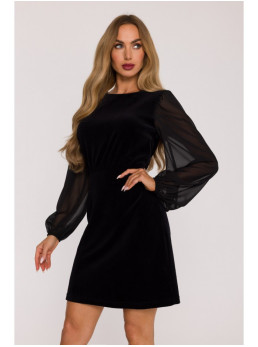 M886 Aksominė suknelė su šifono rankovėmis - juoda