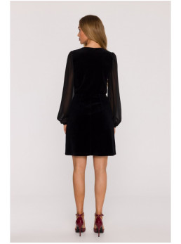 M886 Aksominė suknelė su šifono rankovėmis - juoda