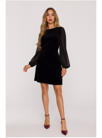 M886 Velvetinė suknelė su šifono rankovėmis - juoda