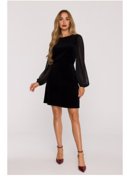 M886 Aksominė suknelė su šifono rankovėmis - juoda