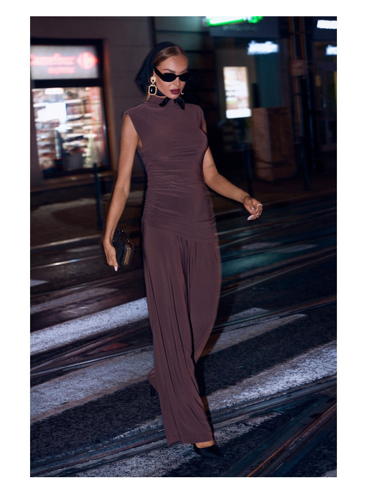 M890 Komplektas: rauktas viršus ir plačios kelnės - ruda