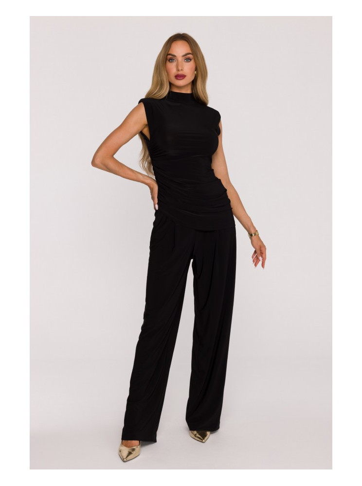 M890 Komplektas: marškinėliai su raukiniais ir plačios kelnės - juoda