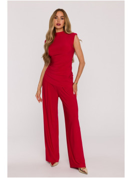 M890 Raudonas kostiumėlis: rauktas viršus ir plačios kelnės - raudona