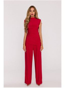 M890 Raudonas kostiumėlis: rauktas viršus ir plačios kelnės - raudona