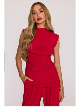 M890 Raudonas kostiumėlis: rauktas viršus ir plačios kelnės - raudona