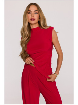 M890 Raudonas kostiumėlis: rauktas viršus ir plačios kelnės - raudona