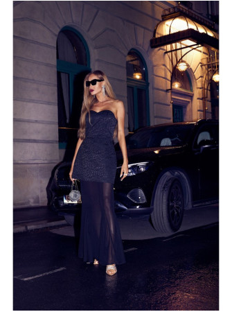 M893 Daugiasluoksnė suknelė korseto tipo viršumi ir šifoniniu sijonu - juoda