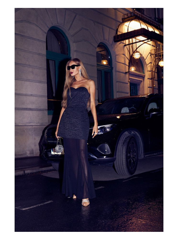 M893 Daugiasluoksnė suknelė korseto tipo viršumi ir šifoniniu sijonu - juoda