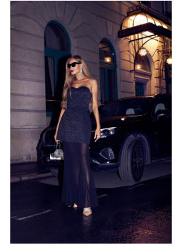 M893 Daugiasluoksnė suknelė korseto tipo viršumi ir šifoniniu sijonu - juoda