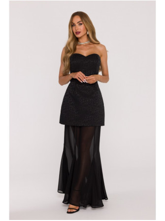 M893 Daugiasluoksnė suknelė korseto tipo viršumi ir šifoniniu sijonu - juoda